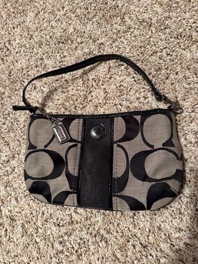 Coach Black and Khaki Signature Wristlet with Logo Charm
